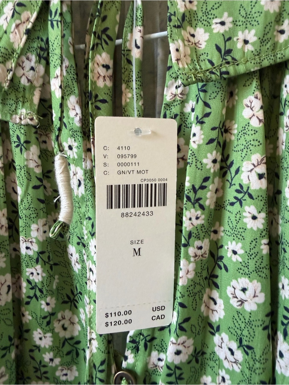Anthropologie Button-Front Peasant Blouse Green Floral Satin NWT Size M - Picture 6 of 7